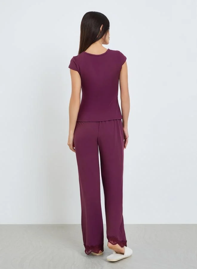 Styli  Women Burgundy Lace Trim Top and Pyjama Set for Women | Best Price UAE
